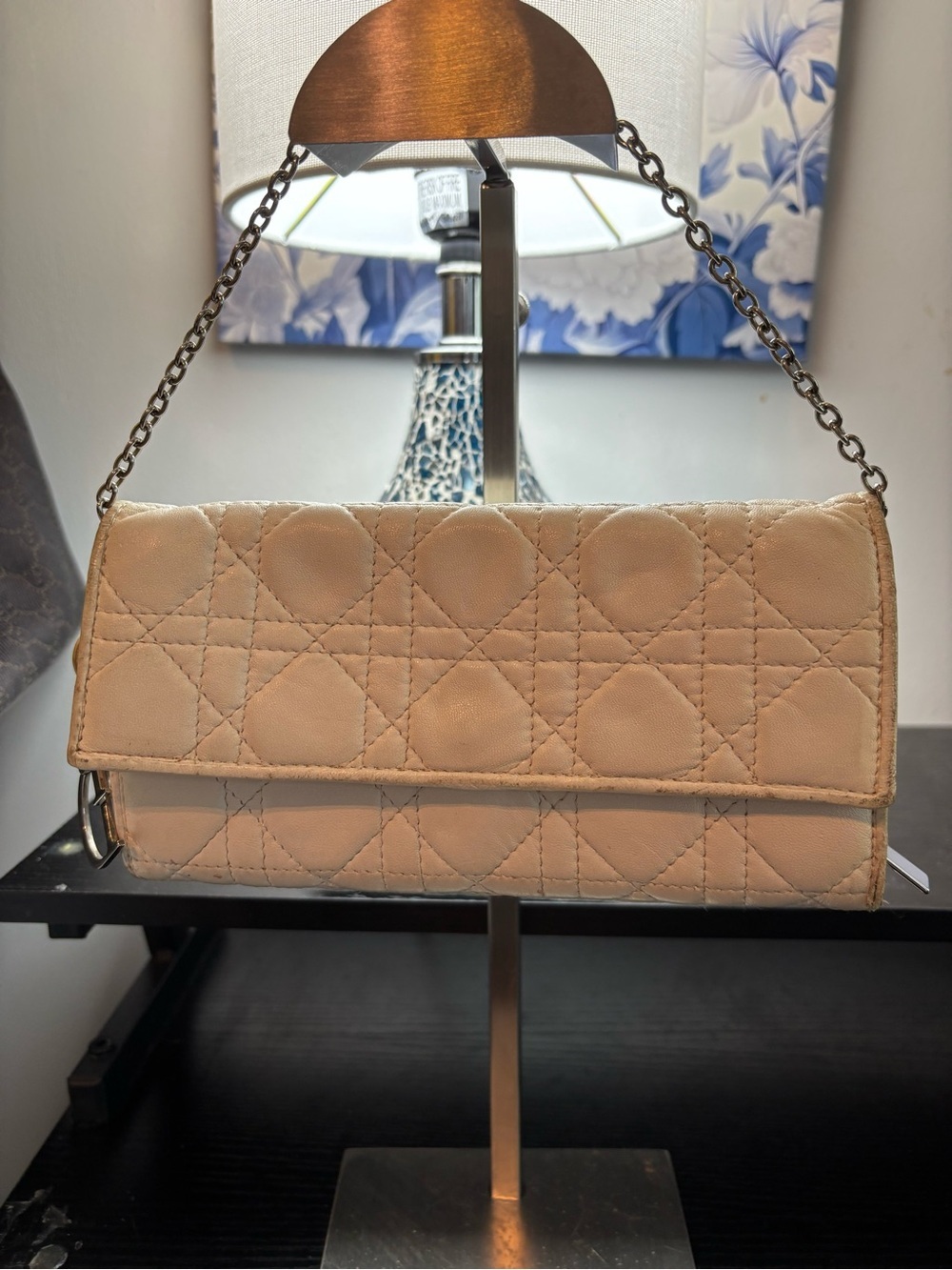 Authentic Christian Dior Lady Dior Wallet W/Chain Classic Beige Cannage Lambskin